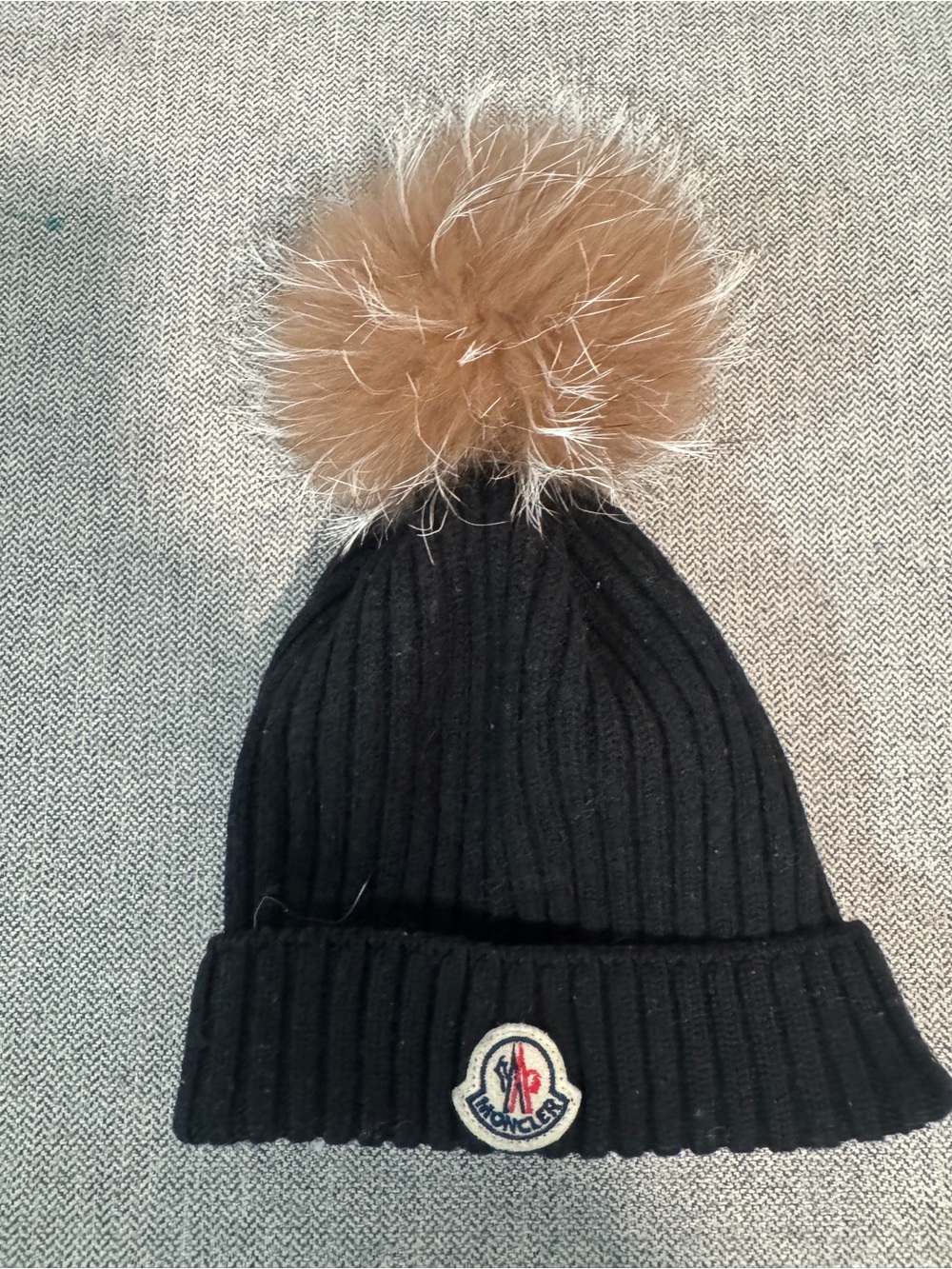 Moncler Black Ribbed Knit Beanie with Brown Fur Pom
